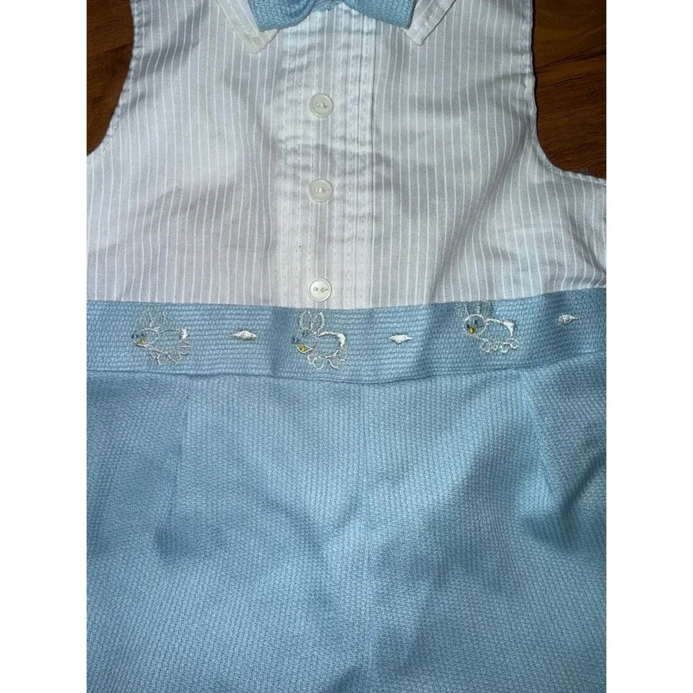 Mayfair‎ Baby Boy Blue Bunny Romper  Bow Tie Outfit Set Newborn Easter vintage
